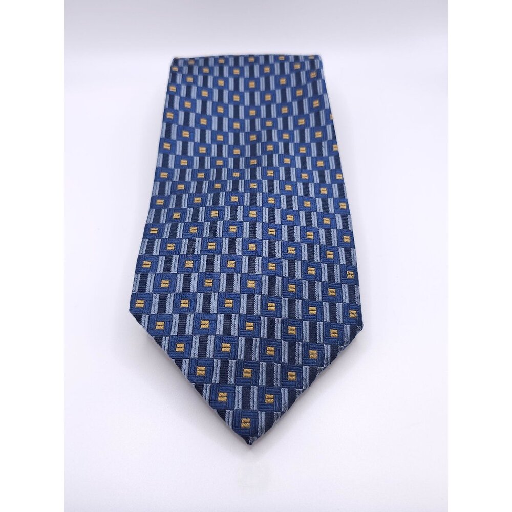 Hickey-Freeman Collection Mens Silk Tie Blue & Yellow Geometric Pattern Made In